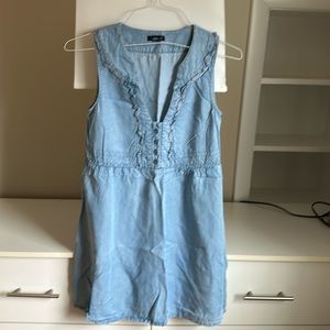 Vintage Sleeveless Ruffle V Neck Mini Light Wash Denim ShirtDress
